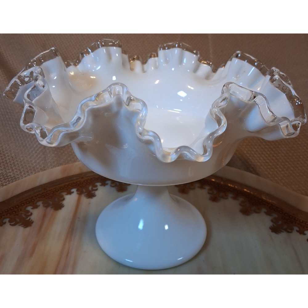 Fenton Silver Crest Milk Glass Compote Ruffled Edge Pedestal Candy Dish 8.5"